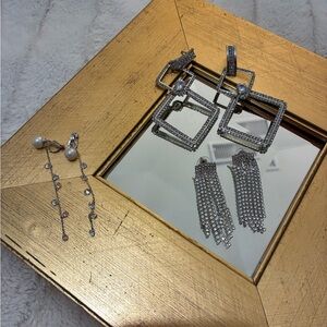 3 Pairs of Elegant, Shimmering Silver & Rhinestone Earrings